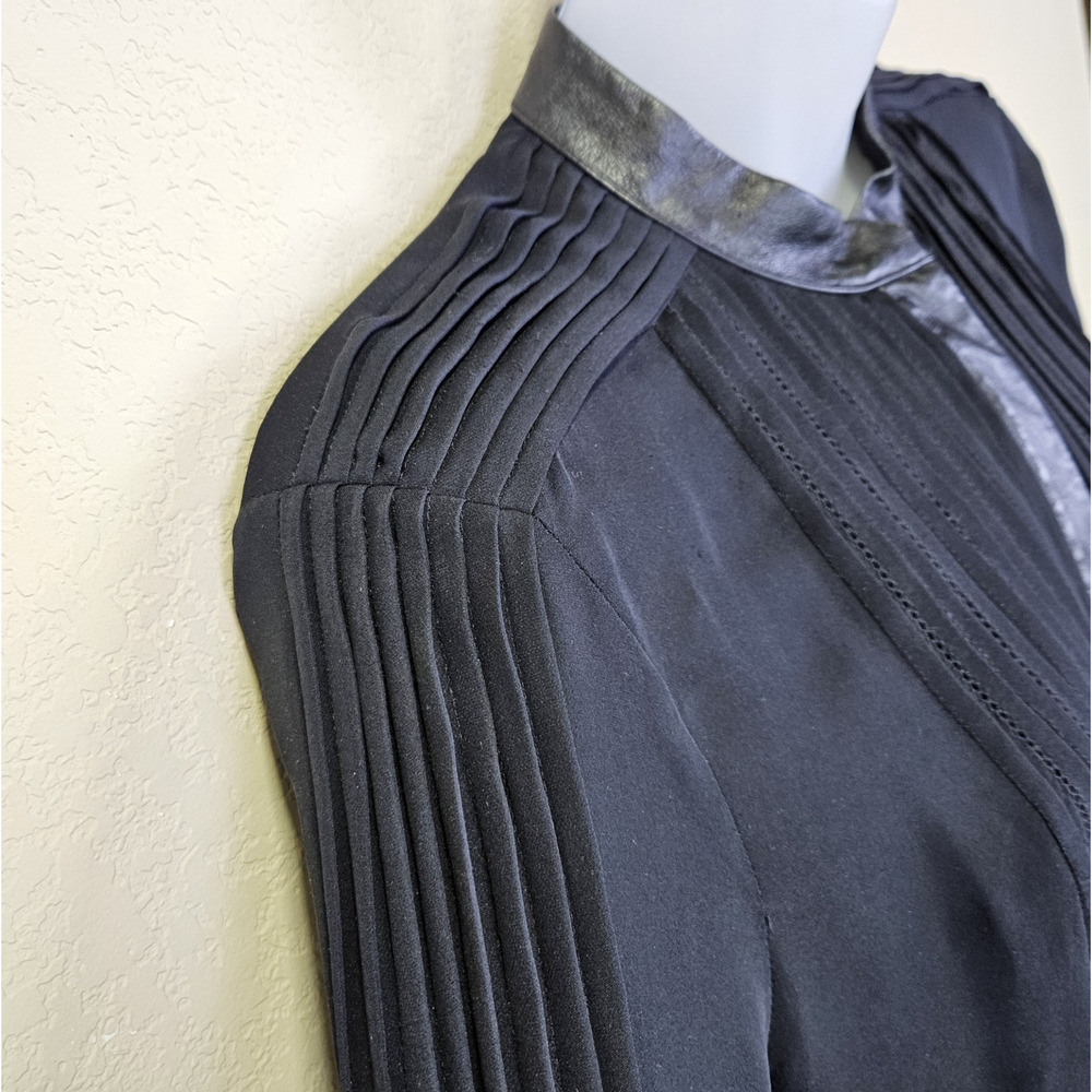 Haute Hippie 100% Silk Blouse S Leather Trim Tuxedo Pintuck Black Sheer Luxury - Picture 16 of 16